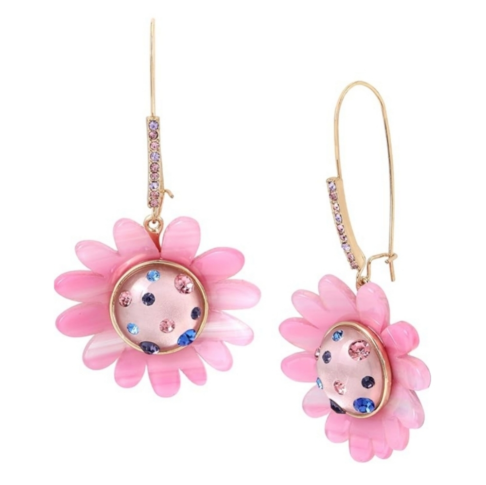 NWT Betsey Johnson Pink Glitter Daisy Earrings Y2K Dangly Rhinestone Lucite